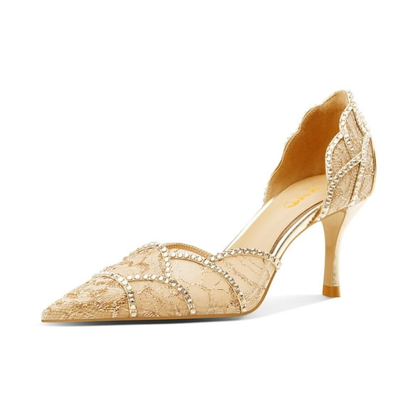 XYD Women Elegant Crystal Studs Wedding Pointed Toe Pumps Petal Waved Mid Heels D'Orsay Bridal Shoes Size 9 Beige Lace