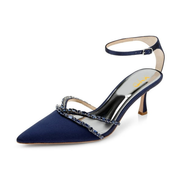 XYD Women Elegant Kitten Heel Ankle Strap Pumps Pointed Closed Toe Gemstone Crystal Wedding Evening Shoes Size 7.5 Navy