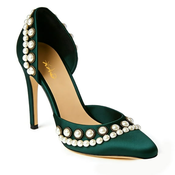 XYD Women Elegant Pearls D'Orsay Pumps Pointed Closed Toe Stiletto High Heels Slip-on Dress Evening Shoes Size 7 Green