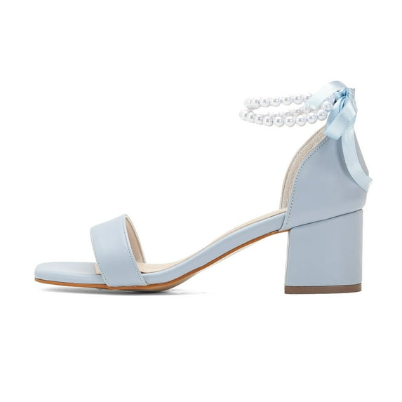 XYD Women Elegant Pearls Ribbon Strap Sandals Tie-up Square Open Toe Low Block Heels Wedding Bridal Shoes Size 15.5 Blue