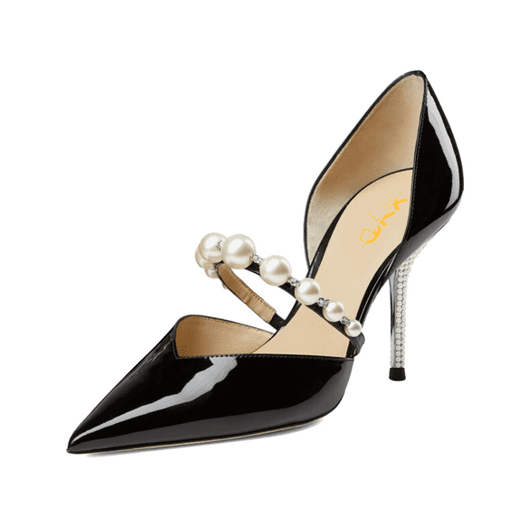 XYD Women Elegant Pointed Closed Toe D'Orsay Stiletto High Heel Pumps Single Strap with Pearls Wedding Shoes Size 10 Black