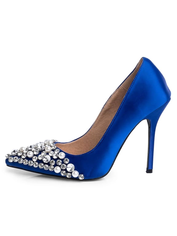 Women Elegant Pointed Closed Toe Pearl Rhinestones Studded Slip On Stiletto Heels Pumps Prom Dressy Shoes Size 12 Blue