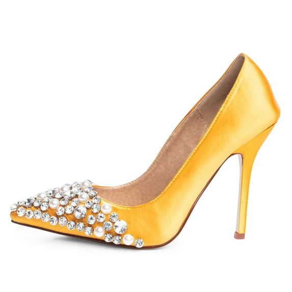 XYD Women Elegant Pointed Closed Toe Pearl Rhinestones Studded Slip On Stiletto Heels Pumps Prom Dressy Shoes Size 15 Yellow