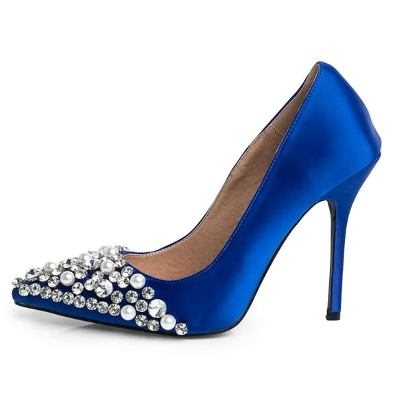 XYD Women Elegant Pointed Closed Toe Pearl Rhinestones Studded Slip On Stiletto Heels Pumps Prom Dressy Shoes Size 7 Blue