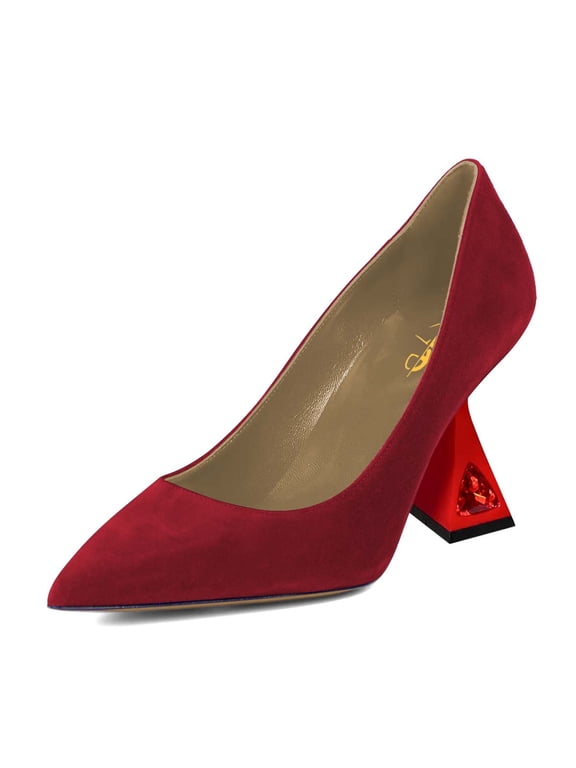 Women Elegant Pointed Toe Pumps Slip On Rhinestone Spool High Heels Chic Classic Lady Shoes Size 16 Red