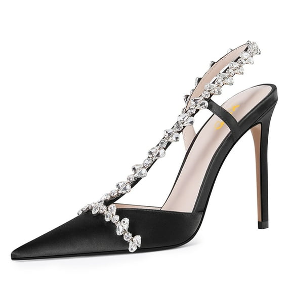 XYD Women Elegant Pointed Toe Pumps Slingback Strappy Crystal Sandals Stilettos High Heels Graceful Bridal Shoes Size 12.5 Black