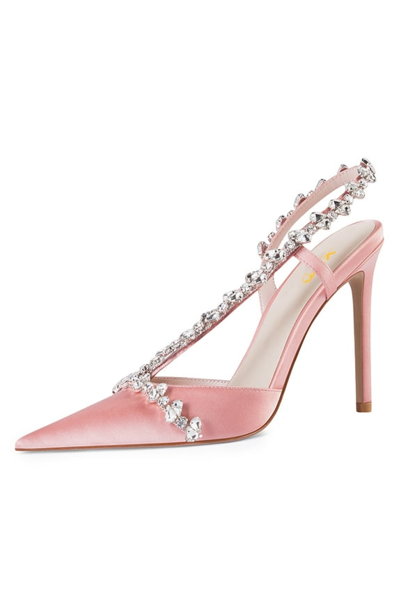 Women Elegant Pointed Toe Pumps Slingback Strappy Crystal Sandals Stilettos High Heels Graceful Bridal Shoes Size 7.5 Pink