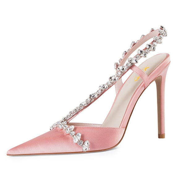 XYD Women Elegant Pointed Toe Pumps Slingback Strappy Crystal Sandals Stilettos High Heels Graceful Bridal Shoes Size 7 Pink