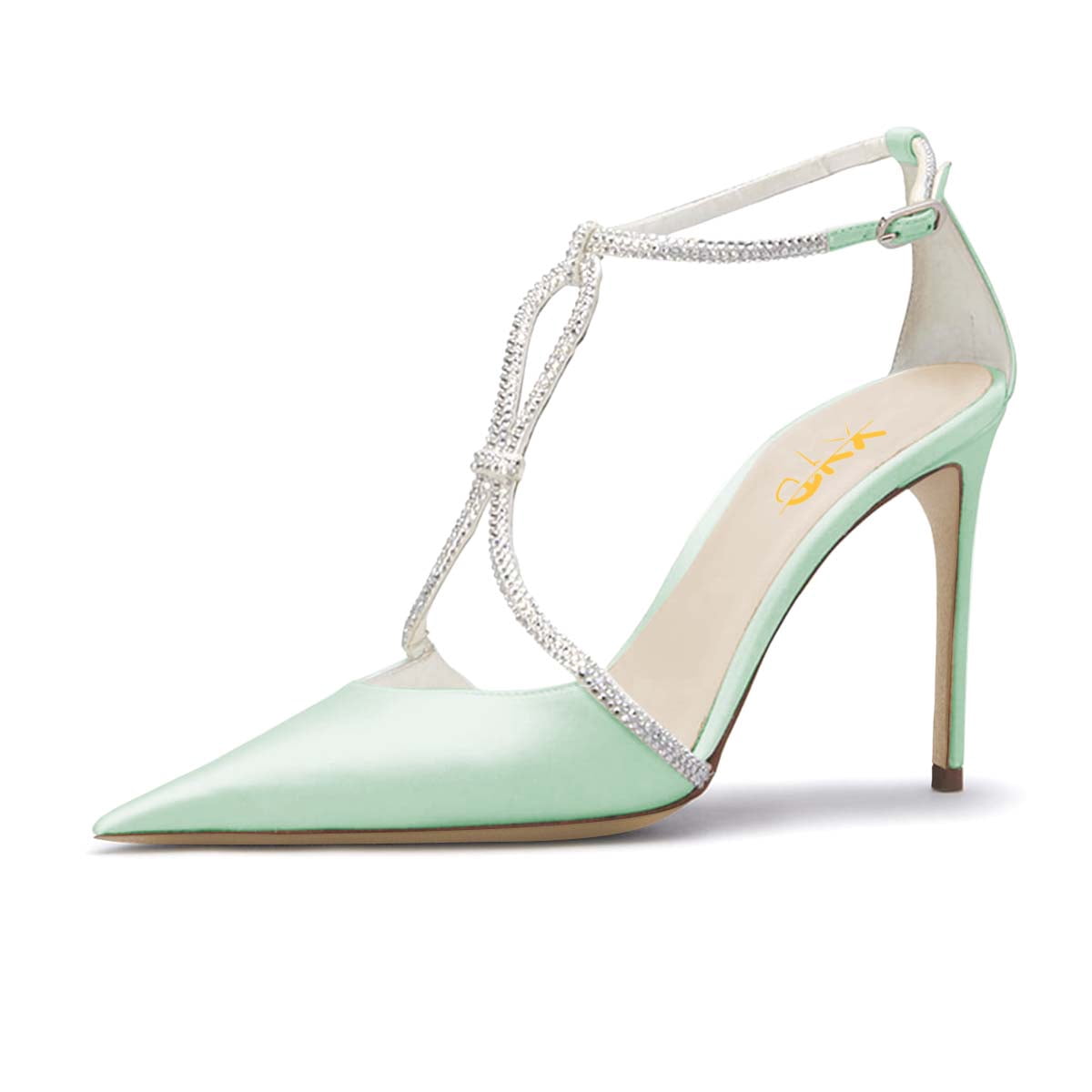 XYD Women Elegant Pointy Close Toe Pumps Rhinestone Straps Buckled Satin Stiletto Thin High Heels Bridal Prom Size 9 Pale Green