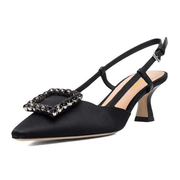XYD Women Elegant Pointy Closed Toe Rhinestone Buckle Slingback Low Heels Slip On Ankle Strap Pumps Party Shoes Size 7.5 Black