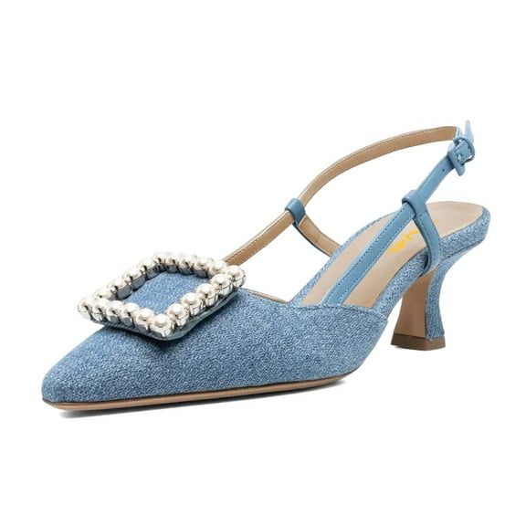 XYD Women Elegant Pointy Closed Toe Rhinestone Buckle Slingback Low Heels Slip On Ankle Strap Pumps Party Shoes Size 7.5 Denim