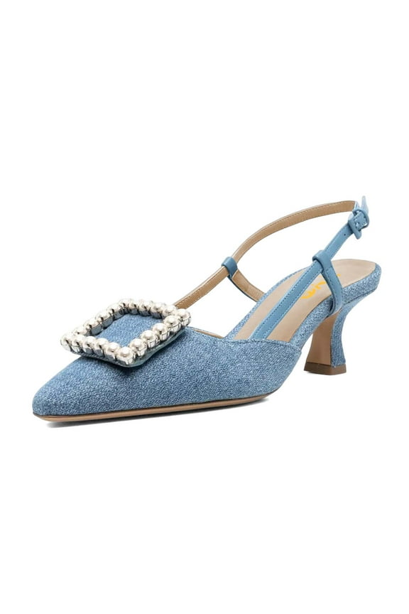 Women Elegant Pointy Closed Toe Rhinestone Buckle Slingback Low Heels Slip On Ankle Strap Pumps Party Shoes Size 8 Denim