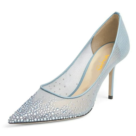 XYD Women Elegant Rhinestones Pointed Toe Pumps Crystals Mesh Slip On Slim High Heel Evening Bridal Shoes Size 14 Blue