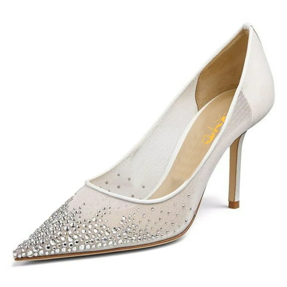 XYD Women Elegant Rhinestones Pointed Toe Pumps Crystals Mesh Slip On Slim High Heel Evening Bridal Shoes Size 4 White