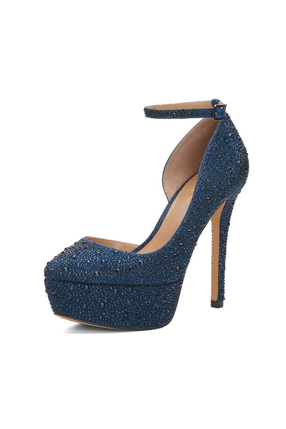 Women Elegant Rhinestones Studded Ankle Strap Pumps Platform High Heel Pointed Closed Toe Dress Shoes Size 11 Navy