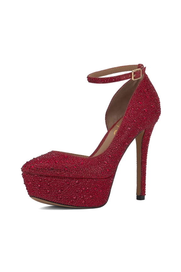 Women Elegant Rhinestones Studded Ankle Strap Pumps Platform High Heel Pointed Closed Toe Dress Shoes Size 11 Red