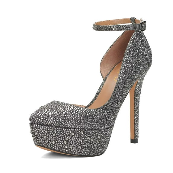XYD Women Elegant Rhinestones Studded Ankle Strap Pumps Platform High Heel Pointed Closed Toe Dress Shoes Size 14.5 Gray