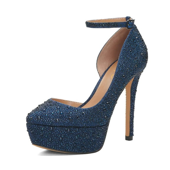 XYD Women Elegant Rhinestones Studded Ankle Strap Pumps Platform High Heel Pointed Closed Toe Dress Shoes Size 6 Navy