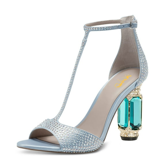 XYD Women Elegant T-Bar Sandals Open Toe Crystal Studs Ankle Strap Chunky Block High Heels Pumps Dressy Shoes Size 13 Blue