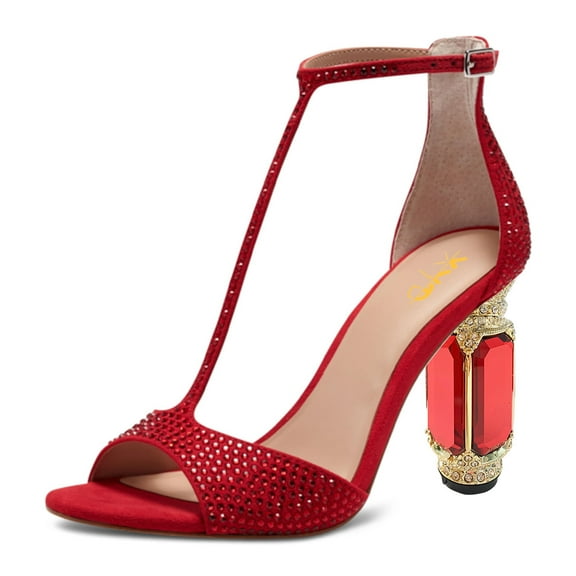 XYD Women Elegant T-Bar Sandals Open Toe Crystal Studs Ankle Strap Chunky Block High Heels Pumps Dressy Shoes Size 14 Red