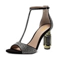 thumbnail image 1 of XYD Women Elegant T-Bar Sandals Open Toe Crystal Studs Ankle Strap Chunky Block High Heels Pumps Dressy Shoes Size 7 Black, 1 of 4