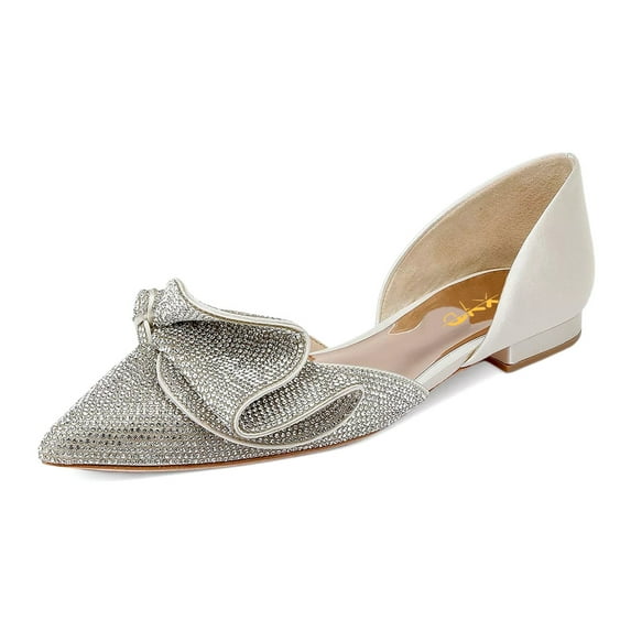 XYD Women Elegent Sparkle Folded Bowknot D'Orsay Pointed Toe Slip On Flats Wedding Bridal Comfort Shoes Size 14.5 Ivory