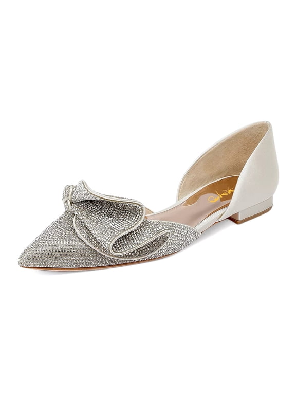 Women Elegent Sparkle Folded Bowknot D'Orsay Pointed Toe Slip On Flats Wedding Bridal Comfort Shoes Size 4 Ivory