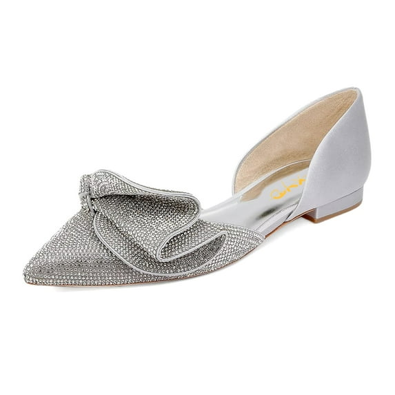 XYD Women Elegent Sparkle Folded Bowknot D'Orsay Pointed Toe Slip On Flats Wedding Bridal Comfort Shoes Size 8 Silver