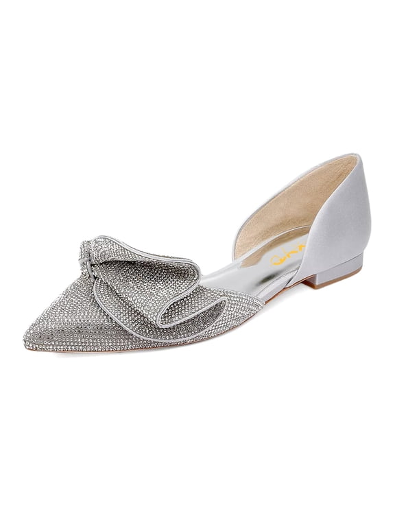 Women Elegent Sparkle Folded Bowknot D'Orsay Pointed Toe Slip On Flats Wedding Bridal Comfort Shoes Size 9 Silver
