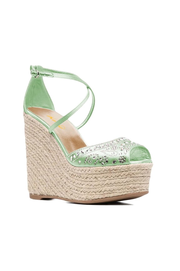 Women Espadrilles Wedge Sandals Woven Straw Peep Toe Rhinestones Platform Heels Slender Crossover Straps Glamour Party Shoes Size 9 Green