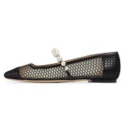 XYD Women Fashion Pearl Strap Ballet Flats Square Toe Mary Jane Comfortable Dress Ventilate Mesh Shoes Size 15 Black