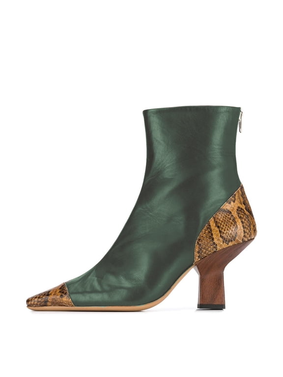 Women Fashion Cap Pointed Closed Toe Ankle Booties Mid Heel Snakeskin Short Boots Back Zipper Dress Shoes Size 11 Green