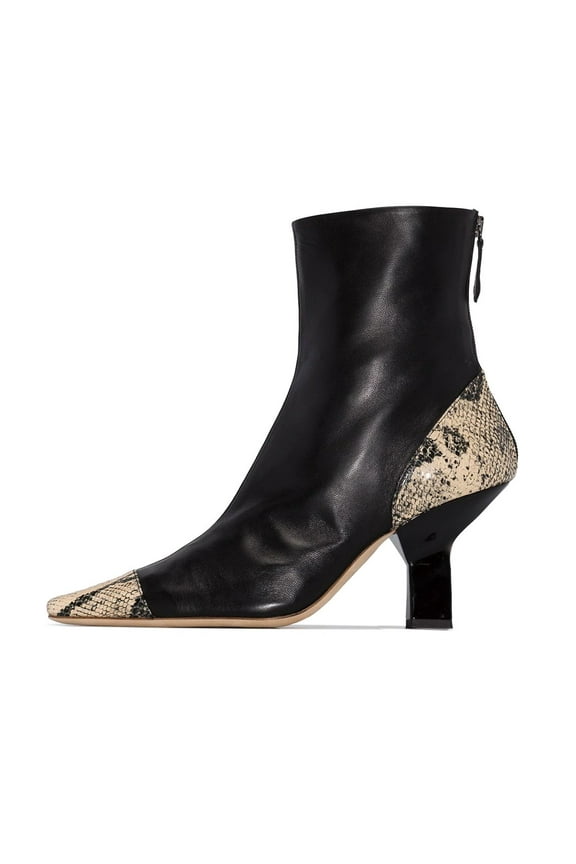 Women Fashion Cap Pointed Closed Toe Ankle Booties Mid Heel Snakeskin Short Boots Back Zipper Dress Shoes Size 8.5 Black