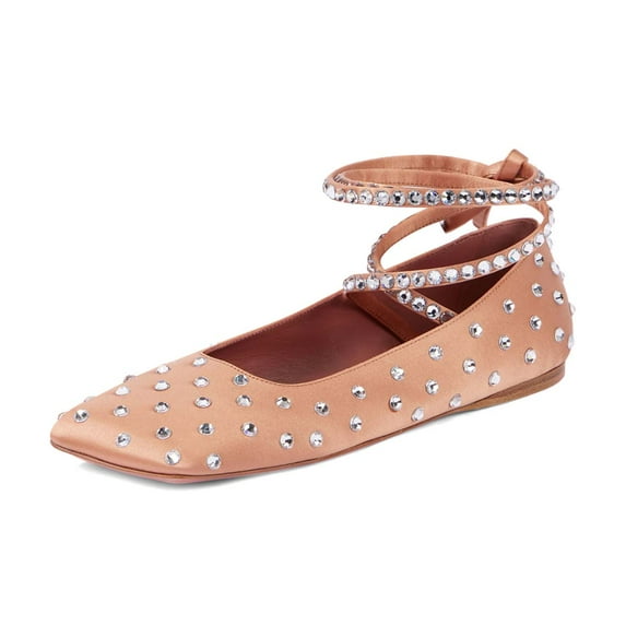 XYD Women Fashion Crystal Lace Up Flats Square Closed Toe Ankle Strappy Ballet Comfortable Dating Dressy Shoes Size 14 Nude