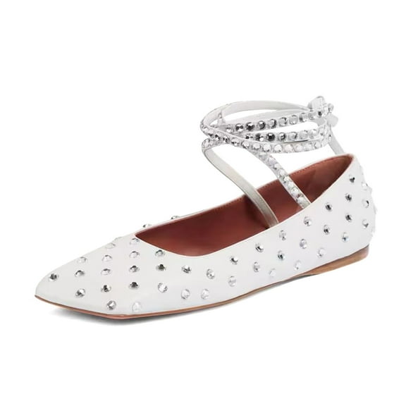XYD Women Fashion Crystal Lace Up Flats Square Closed Toe Ankle Strappy Ballet Comfortable Dating Dressy Shoes Size 4.5 White