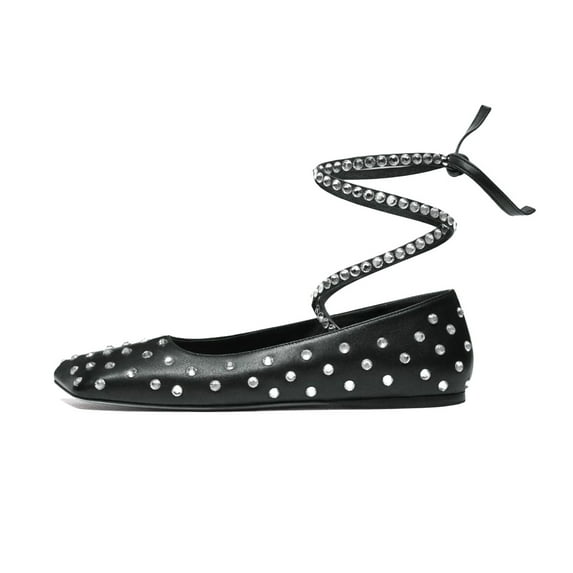 XYD Women Fashion Crystal Lace Up Flats Square Closed Toe Ankle Strappy Ballet Comfortable Dating Dressy Shoes Size 7 Black