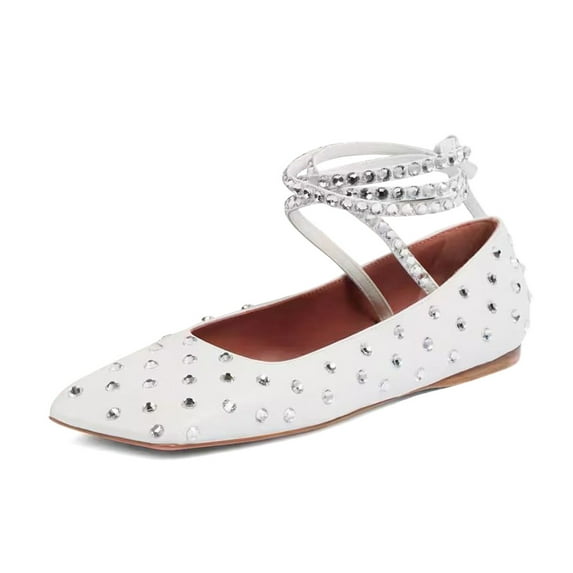 XYD Women Fashion Crystal Lace Up Flats Square Closed Toe Ankle Strappy Ballet Comfortable Dating Dressy Shoes Size 8 White