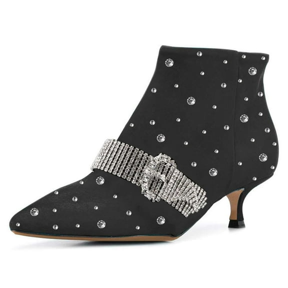 XYD Women Fashion Crystals Studded Kitten Heel Ankle Boots Bling Buckle Strap Pointy Close Toe Zip-up Bootie Shoes Size 10.5 Black