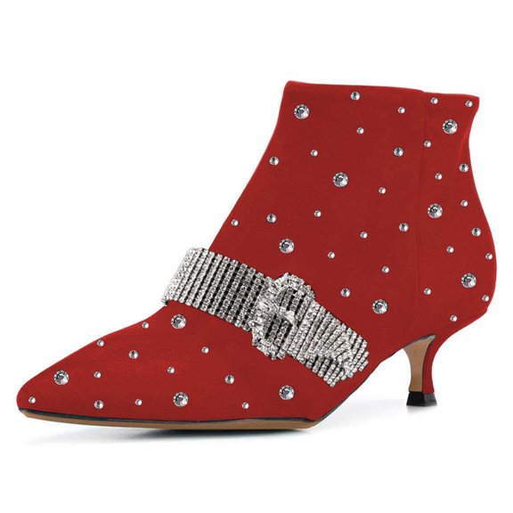 XYD Women Fashion Crystals Studded Kitten Heel Ankle Boots Bling Buckle Strap Pointy Close Toe Zip-up Bootie Shoes Size 7.5 Red
