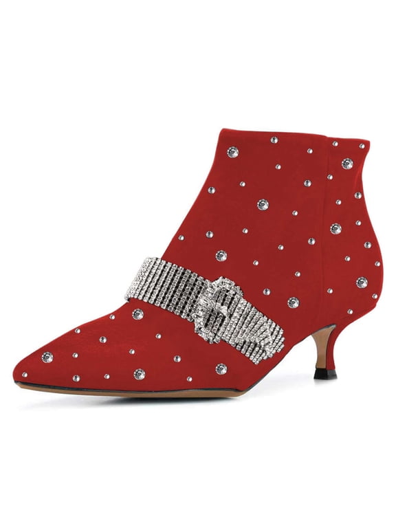 Women Fashion Crystals Studded Kitten Heel Ankle Boots Bling Buckle Strap Pointy Close Toe Zip-up Bootie Shoes Size 7.5 Red
