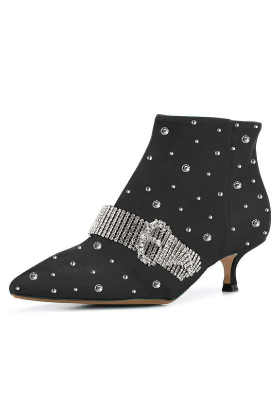 Women Fashion Crystals Studded Kitten Heel Ankle Boots Bling Buckle Strap Pointy Close Toe Zip-up Bootie Shoes Size 7 Black