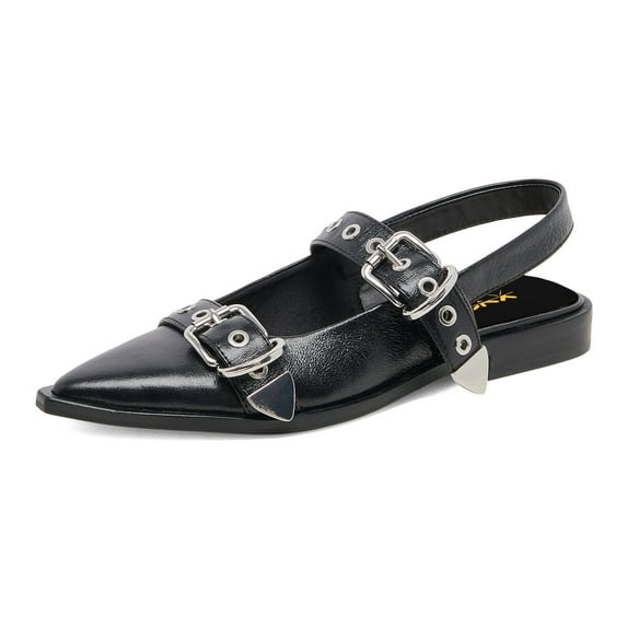 XYD Women Fashion Dual Buckles Pointed Toe Slingback Shoes Grommets Cork Heel Flat Sandals for Trip Casual Size 15 Black