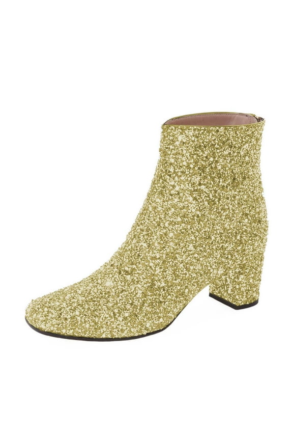 Women Fashion Glitter Block Low Heel Ankle Boots Back Zipper Round Toe Booties Disco Party Shoes Size 10 Yellow