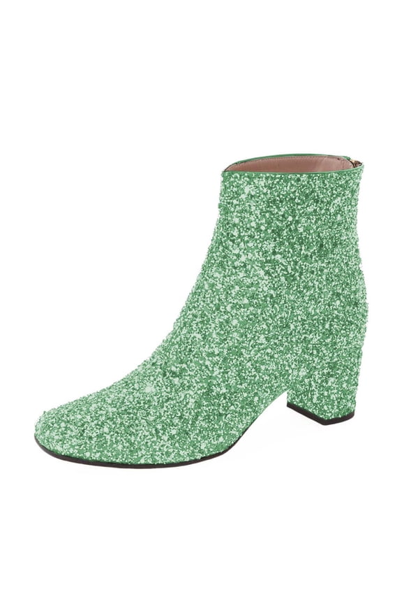 Women Fashion Glitter Block Low Heel Ankle Boots Back Zipper Round Toe Booties Disco Party Shoes Size 12 Green