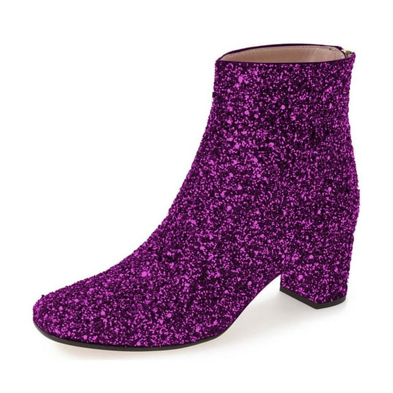 XYD Women Fashion Glitter Block Low Heel Ankle Boots Back Zipper Round Toe Booties Disco Party Shoes Size 6 Eggplant