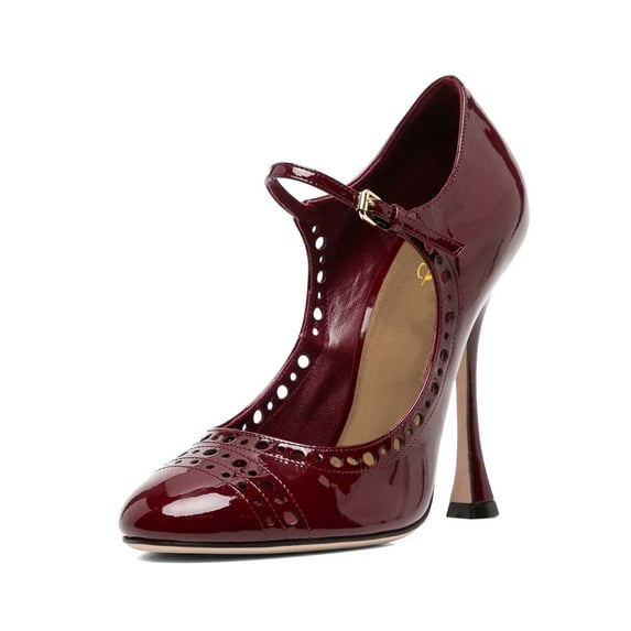 XYD Women Fashion Mary Jane Pumps Cut-Out Stiletto High Heels Round Closed Toe Buckled Ankle Strap Vintage Dress Shoes Size 7 Red
