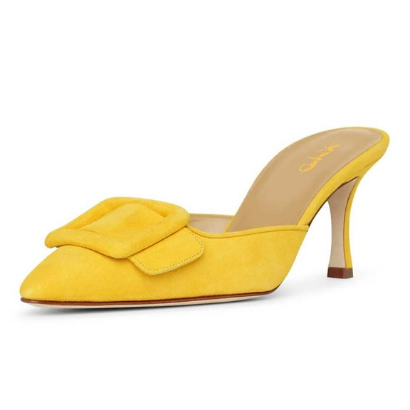 XYD Women Fashion Oversized Buckle Pointy Closed Toe Mules Thin High Heel Pumps Slip-ons Dress Casual Shoes Size 10.5 Yellow