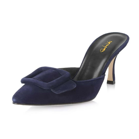 XYD Women Fashion Oversized Buckle Pointy Closed Toe Mules Thin High Heel Pumps Slip-ons Dress Casual Shoes Size 5 Navy