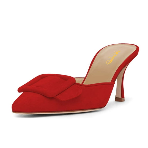 XYD Women Fashion Oversized Buckle Pointy Closed Toe Mules Thin High Heel Pumps Slip-ons Dress Casual Shoes Size 9 Red