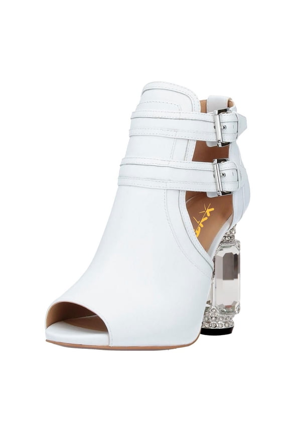 Women Fashion Peep Toe Ankle Booties Crystal Block Heels Double Buckle Strap Cut-out Pumps Chic Dressy Shoes Size 10 White